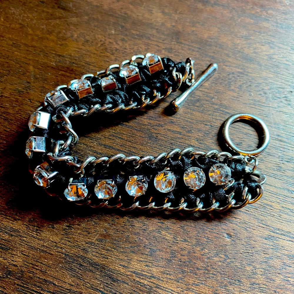 Rhinestone and black braided rope bracelet